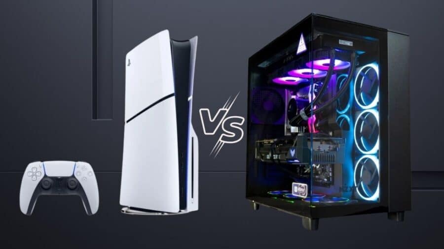 Confronto visivo tra PlayStation 5 Pro con controller DualSense e un PC gaming con illuminazione RGB, separati dalla scritta VS.