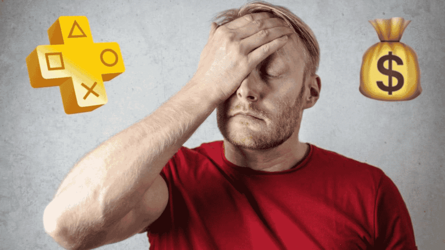 Uomo con una mano sul volto tra il logo PlayStation Plus e un’icona con sacco di denaro, a rappresentare il tema dei costi dei servizi digitali.