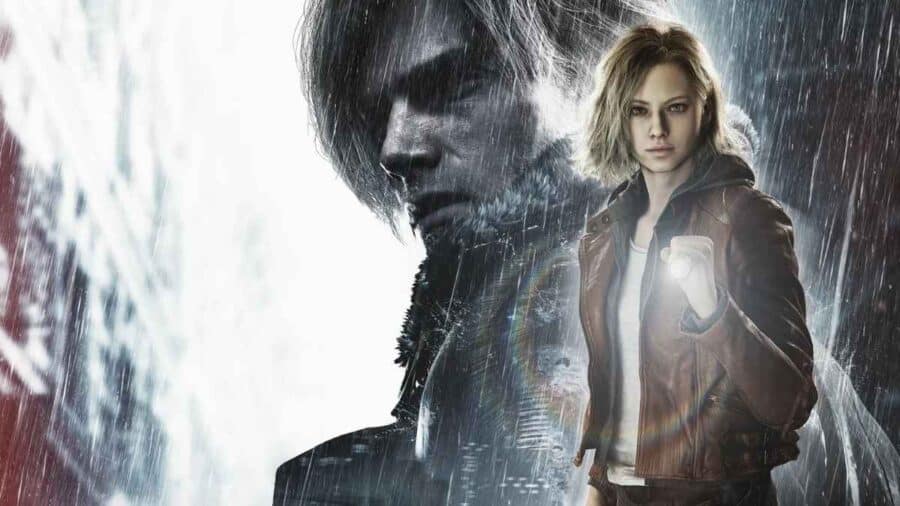 Artwork di Resident Evil Requiem con una giovane donna bionda che illumina la scena con una torcia, davanti al volto in ombra di Leon, sotto una pioggia battente.