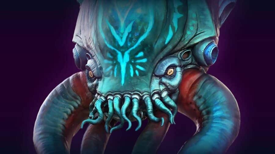 Primo piano di una creatura aliena marina con testa bulbosa, occhi gialli e numerosi tentacoli, illuminata da tonalità blu e viola.