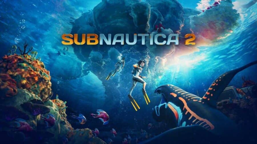 Immagine promozionale di Subnautica 2 con subacquei in esplorazione, fauna marina aliena e fondali colorati dominati dal logo del gioco.