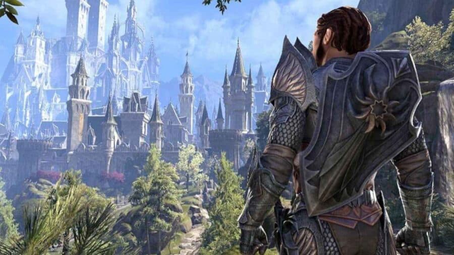 Guerriero in armatura visto di spalle mentre osserva una grande città fortificata con torri e castelli in stile fantasy, in una scena promozionale di The Elder Scrolls 6.