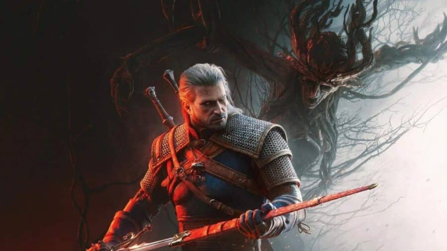 Geralt di Rivia armato di spada davanti a una creatura mostruosa in un bosco oscuro, in un artwork di The Witcher 3.