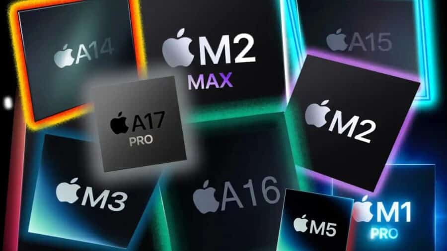 Grafica con diversi chip Apple Silicon, tra cui M1 Pro, M2, M2 Max, M3, M5 e serie A per iPhone.