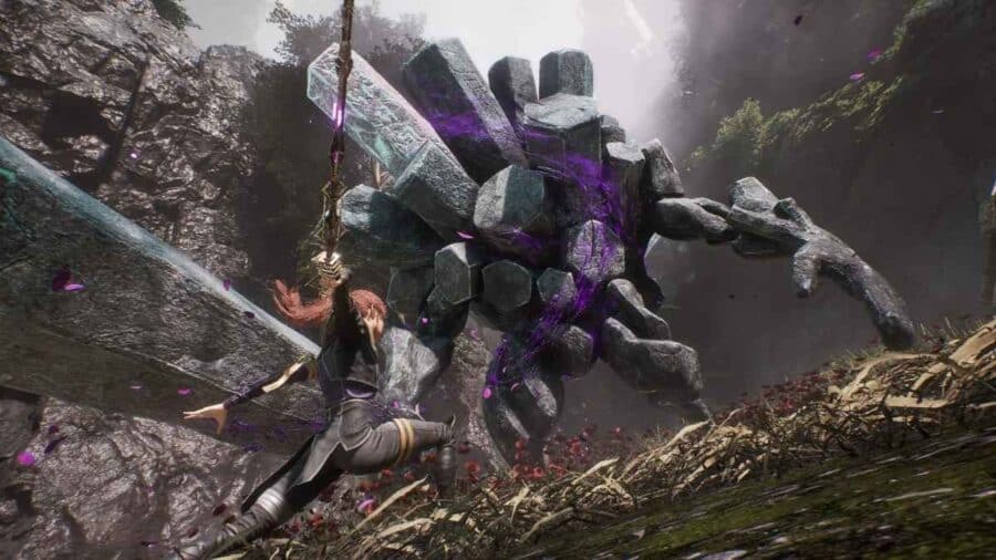 Tre personaggi affrontano un gigantesco guerriero di pietra armato di ascia in un prato avvolto dalla nebbia, in una scena fantasy d’azione che ricorda i moderni soulslike.