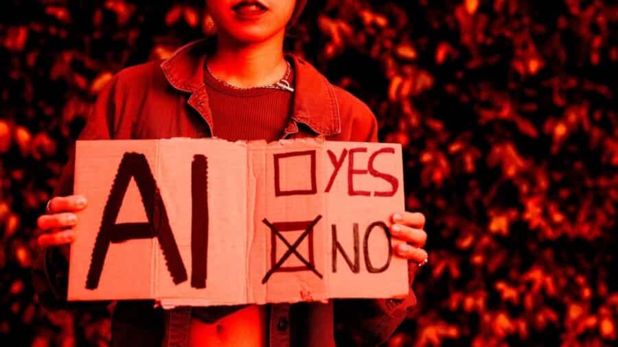Persona con cartello di protesta sull’intelligenza artificiale, con la scritta AI e una scelta tra sì e no, in un’atmosfera rossa e drammatica.