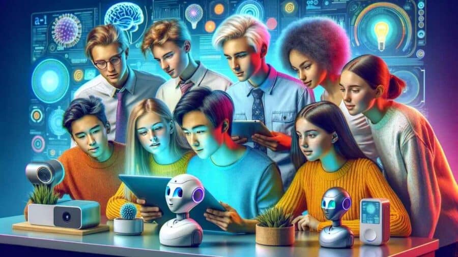 Gruppo di giovani osserva tablet e dispositivi tecnologici accanto a piccoli robot, con interfacce digitali e simboli legati all’intelligenza artificiale sullo sfondo.
