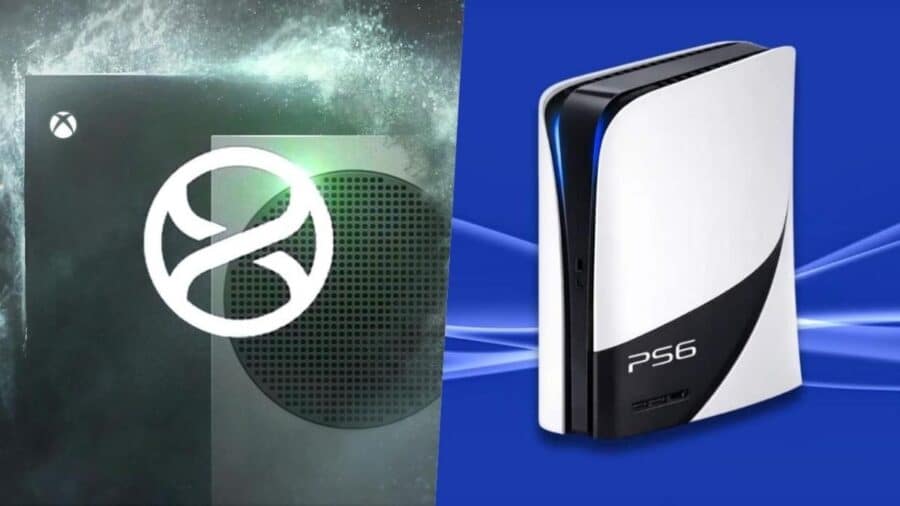Concept comparativo tra una futura console Xbox Helix e una possibile PlayStation 6, con design futuristici e loghi dei due ecosistemi.