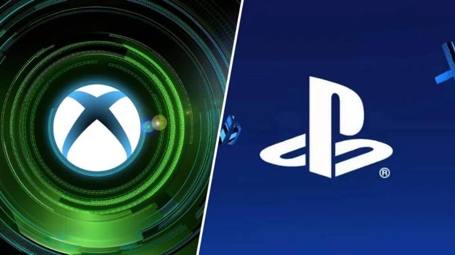 Grafica divisa tra il logo Xbox illuminato in verde e il logo PlayStation su sfondo blu, simbolo della rivalità tra i due marchi.