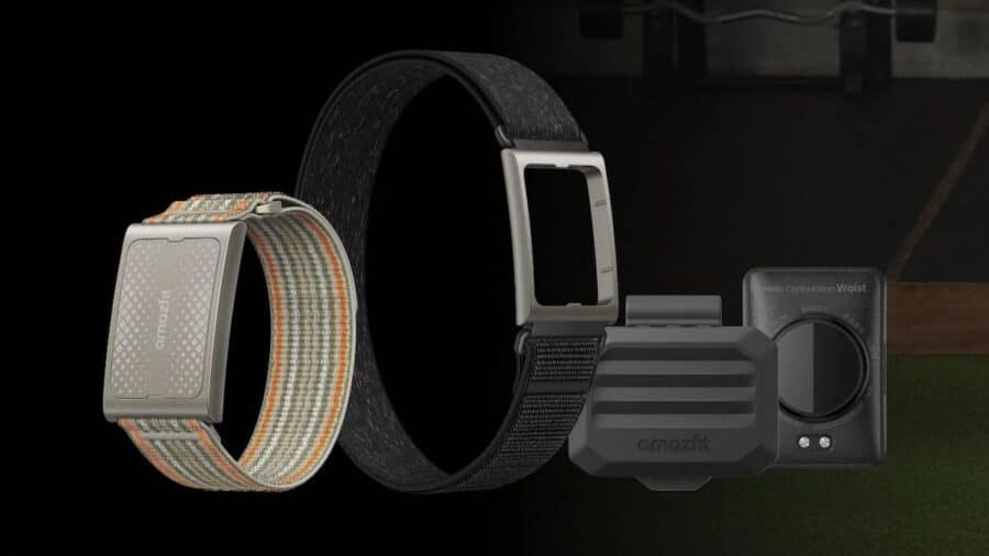 Render dei sensori Amazfit Helio Strap Pro con fascia da braccio, supporto da polso e modulo da vita per il monitoraggio dei movimenti.