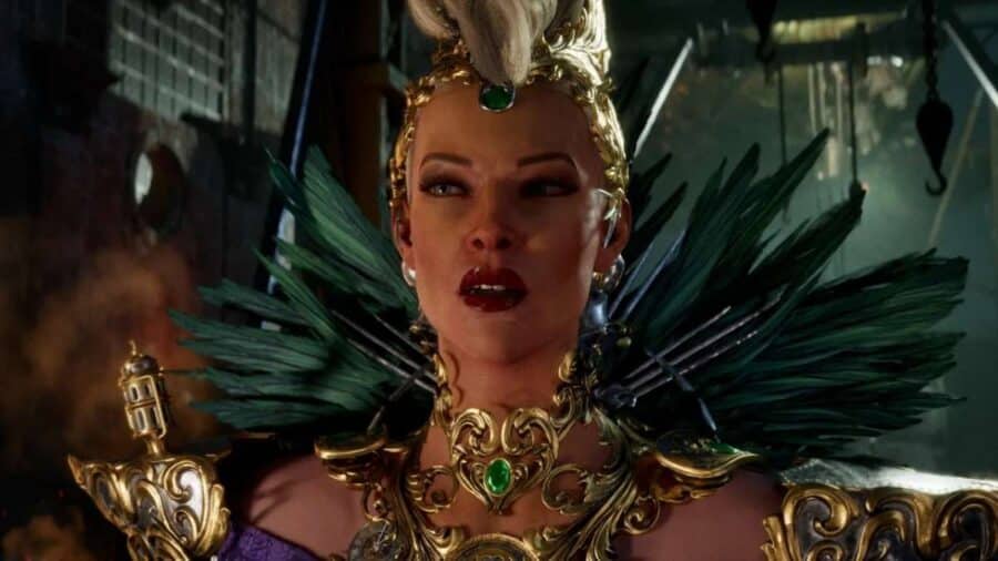 Lady Ironwood in Clockwork Revolution, con abito elegante, gioielli verdi e dettagli meccanici in stile steampunk.