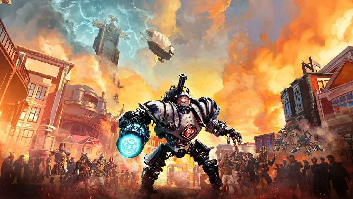 Artwork di Clockwork Revolution con un enorme automa armato al centro di Avalon, circondato da edifici steampunk, dirigibili e folla in rivolta.