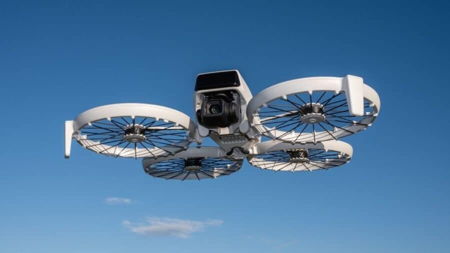 DJI Flip in volo contro il cielo, con struttura compatta, paraeliche circolari e fotocamera frontale.
