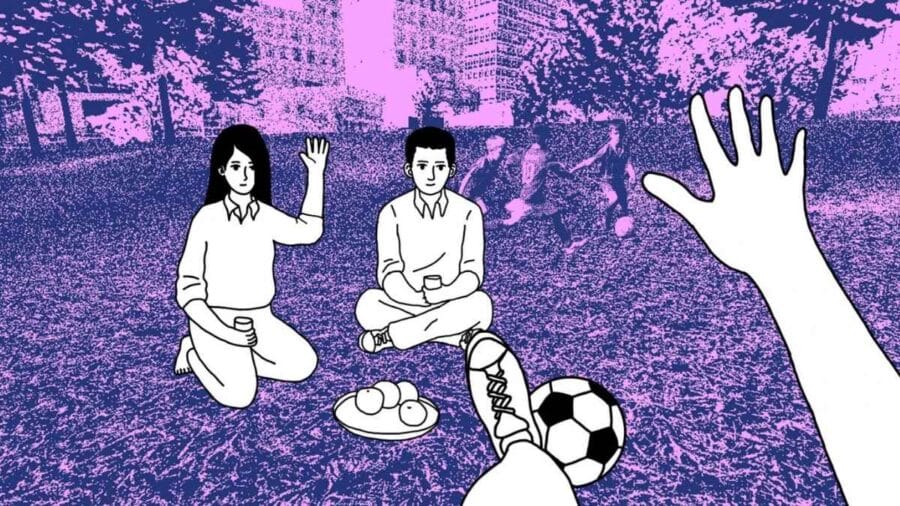 Scena di Despelote con due bambini seduti in un campo da calcio stilizzato, mentre una mano in primo piano saluta sullo sfondo viola e blu.