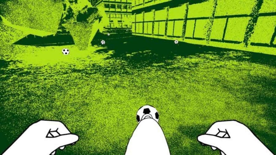 Visuale in prima persona di Despelote con un pallone davanti al giocatore in un campo verde stilizzato, circondato da edifici e recinzioni.