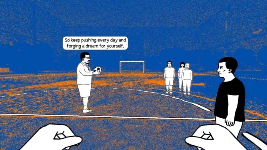 Allenatore e bambini su un campo da calcio stilizzato in Despelote, con una frase motivazionale in inglese sullo schermo.