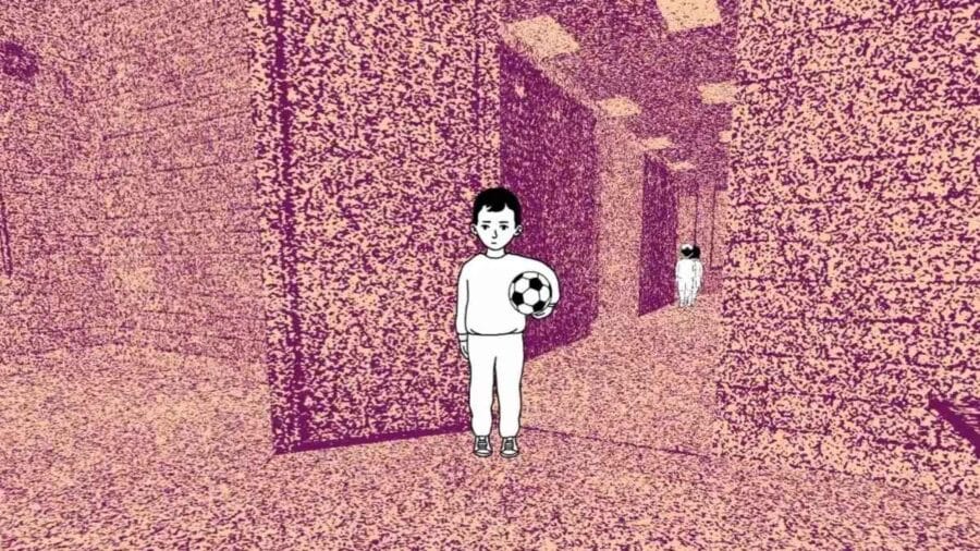 Bambino con un pallone in mano in un ambiente urbano stilizzato di Despelote, con pareti viola e rosa e un altro personaggio sullo sfondo.