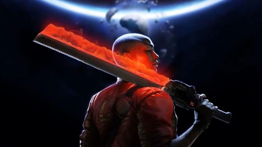 Protagonista di Intergalactic: The Heretic Prophet con una grande arma luminosa rossa sulle spalle, davanti a un’eclissi nello spazio.