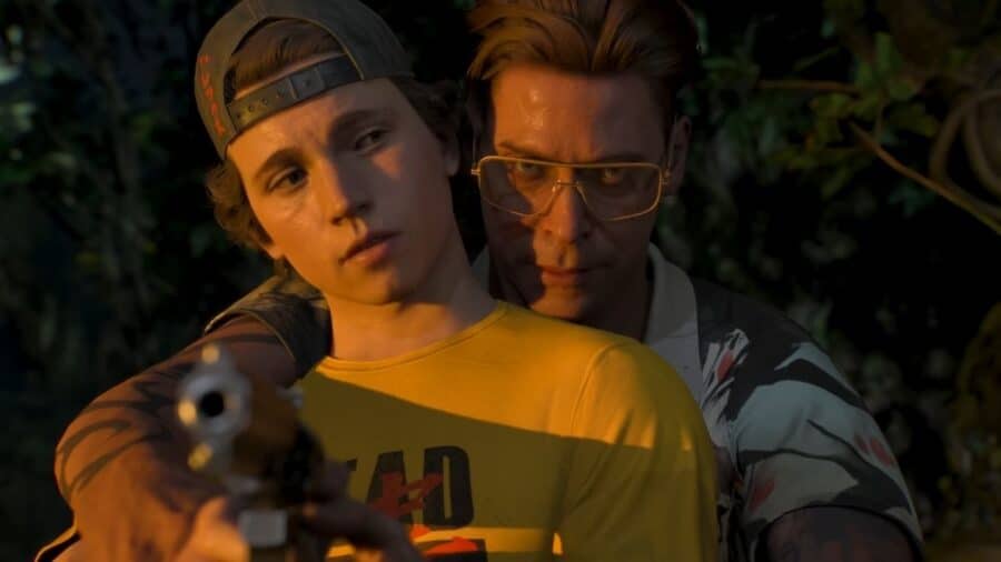 Due personaggi in una scena cinematografica notturna, con un uomo armato che tiene in ostaggio un ragazzo in maglietta gialla.
