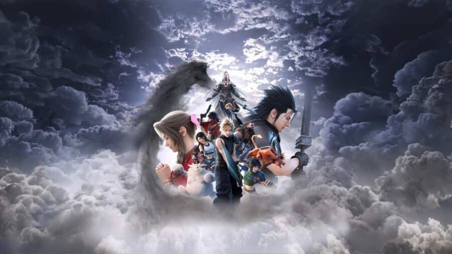 Artwork di Final Fantasy VII Revelation con Cloud, Aerith, Sephiroth, Zack e gli altri protagonisti immersi tra nuvole oscure.
