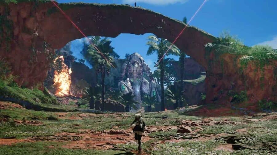 Personaggio di Final Fantasy VII Revelation corre in una vasta area naturale verso una gigantesca creatura tra rocce e palme.