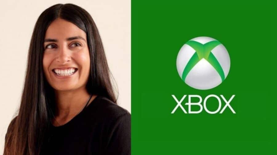 Ritratto di una dirigente accanto al logo Xbox su sfondo verde.