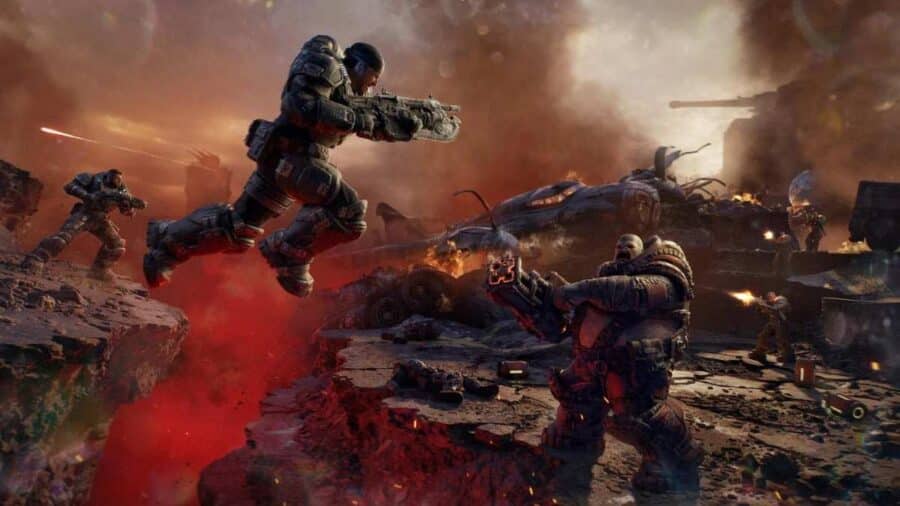 Scena d’azione da uno sparatutto Xbox con soldati armati impegnati in un combattimento tra fumo ed esplosioni.