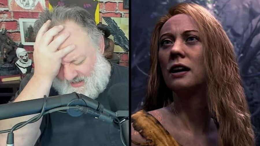 David Jaffe durante una diretta video accanto a un’immagine di Faye in God of War Laufey, in un confronto visivo tra autore e nuovo capitolo.