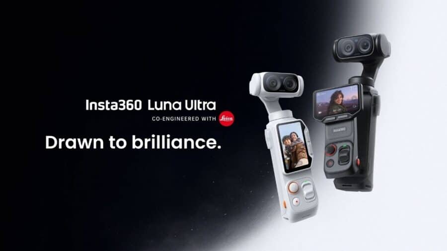 Render promozionale di Insta360 Luna Ultra nelle colorazioni bianca e nera, con logo Leica e slogan “Drawn to brilliance”.