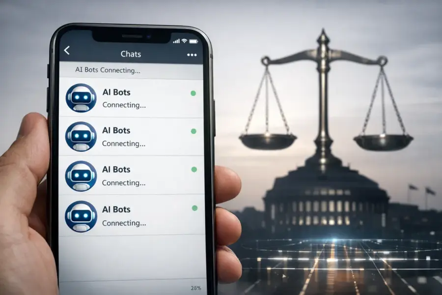 Smartphone con chat di bot AI in connessione, bilancia della giustizia e palazzo istituzionale sullo sfondo