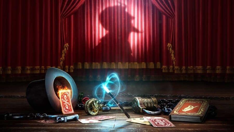 Palco teatrale con tende rosse, oggetti da illusionista, carte da gioco e una misteriosa sagoma proiettata sul sipario in Magicians The Devil’s Deal.