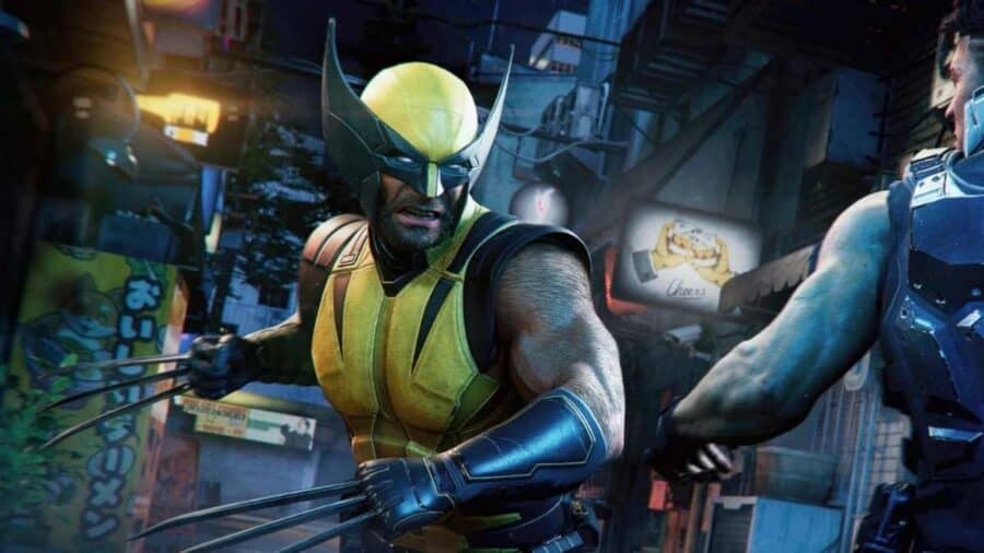 Wolverine affronta un nemico in una strada notturna illuminata da neon, con gli artigli di adamantio sguainati e il costume giallo e blu
