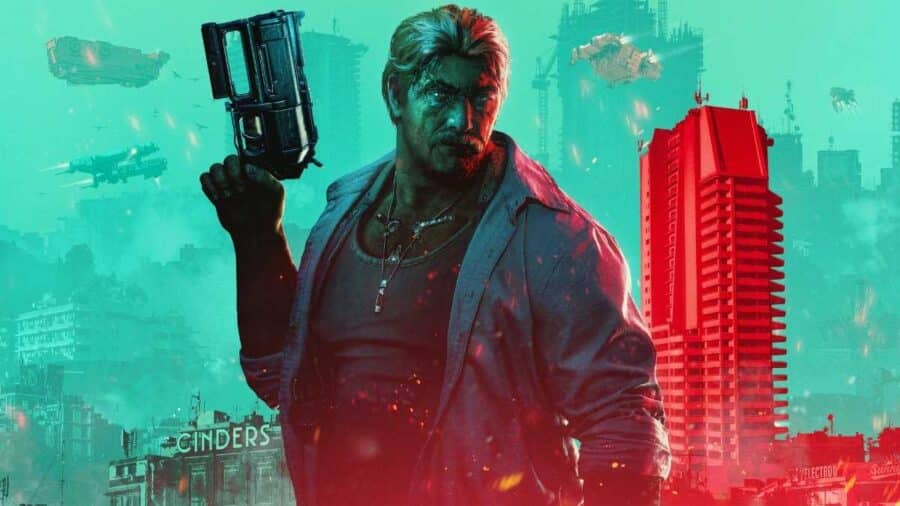 Artwork di No Law con un uomo armato davanti a una metropoli cyberpunk illuminata da tonalità rosse e turchesi.