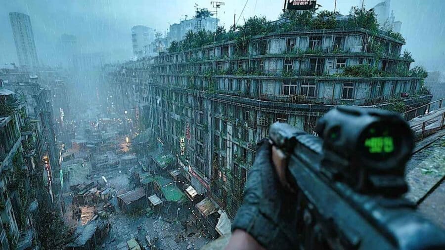 Visuale in prima persona di No Law con un’arma puntata su una città cyberpunk piovosa e decadente.