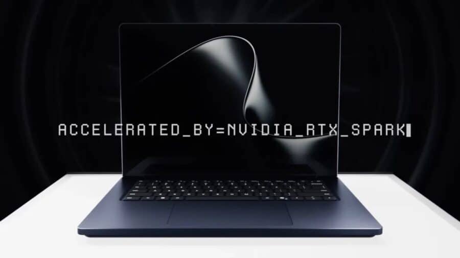 Laptop nero con la scritta “Accelerated by Nvidia RTX Spark” visualizzata sopra lo schermo.