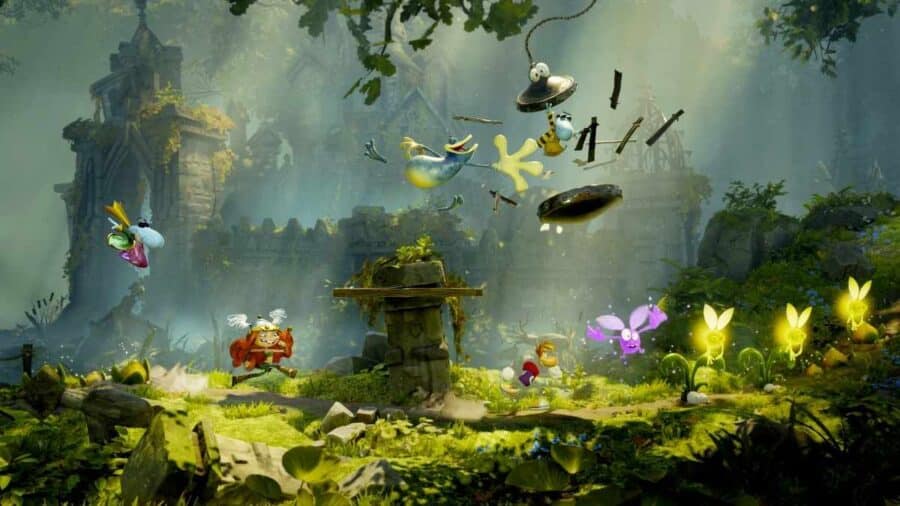 Rayman Legends Retold mostra Rayman, Globox e altri personaggi in un livello nella foresta, tra rovine, piattaforme, creature luminose e oggetti sospesi in aria.