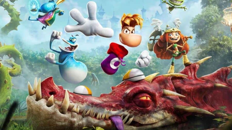 Artwork di Rayman Legends Retold con Rayman, Globox e Barbara sopra la testa di un grande drago rosso, circondati da creature colorate e ambientazione fantasy.