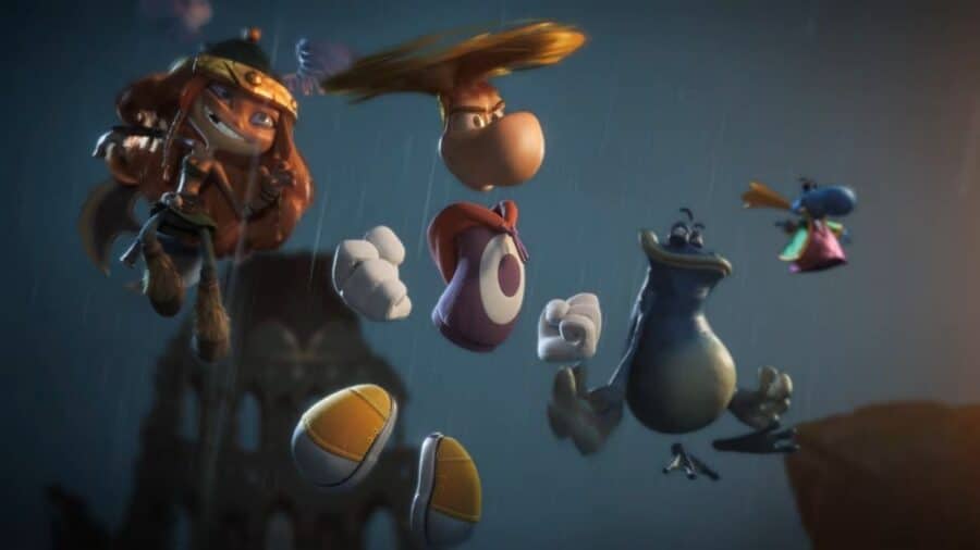 Rayman, Barbara, Globox e un piccolo personaggio volante sono sospesi in aria sotto la pioggia, durante una scena d’azione di Rayman Legends Retold.