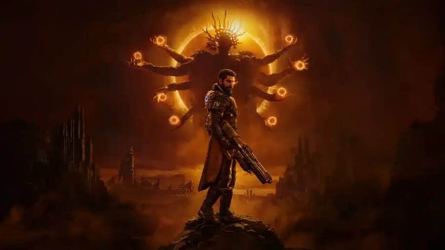 Arjun Devraj armato davanti a una figura divina dalle molte braccia, illuminata da un’eclissi dorata in un artwork di SAROS.