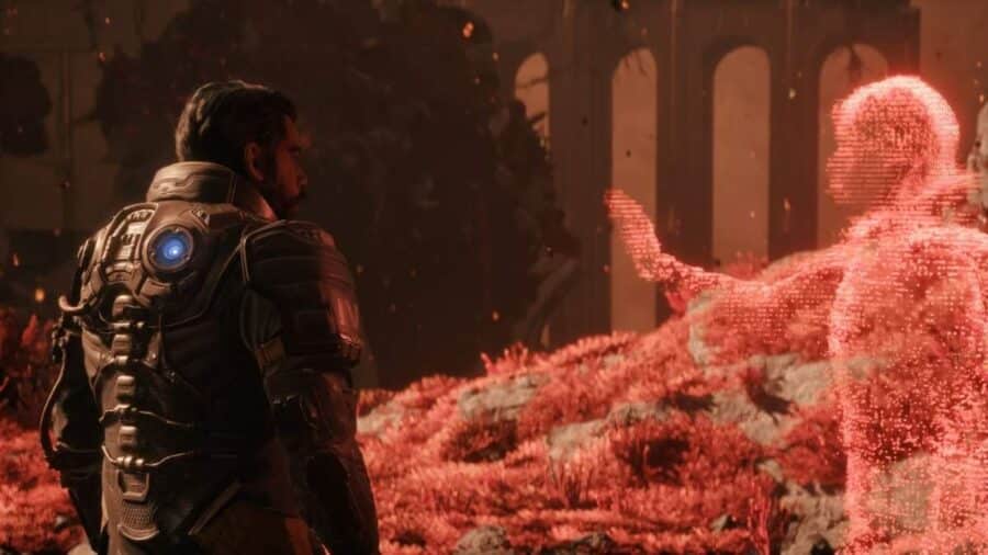 Arjun osserva un ologramma rosso umanoide in un ambiente alieno, circondato da vegetazione e luci calde.