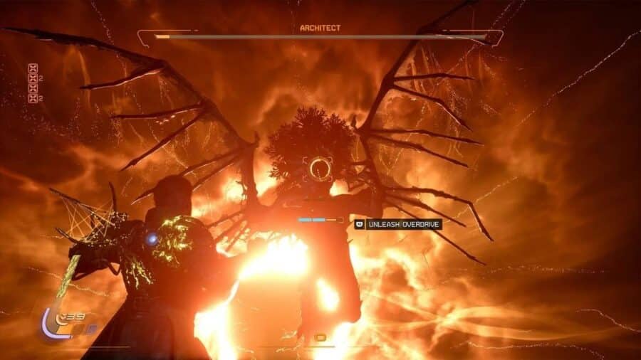 Arjun combatte contro l’Architect in SAROS, una creatura enorme e alata immersa in un ambiente infuocato e apocalittico.