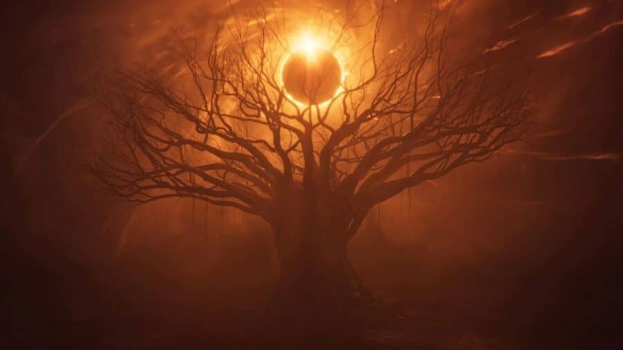 Albero oscuro e spettrale davanti a un’eclissi arancione, in un paesaggio infernale e avvolto dalla luce della Spiaggia Gialla.