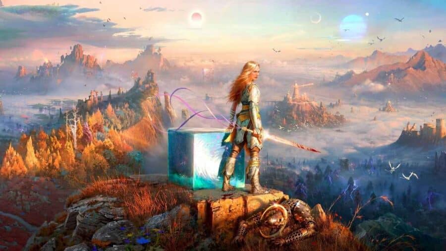 Artwork fantasy di God of War Laufey con Faye armata di spada davanti a un vasto paesaggio colorato e mondi sospesi nel cielo.