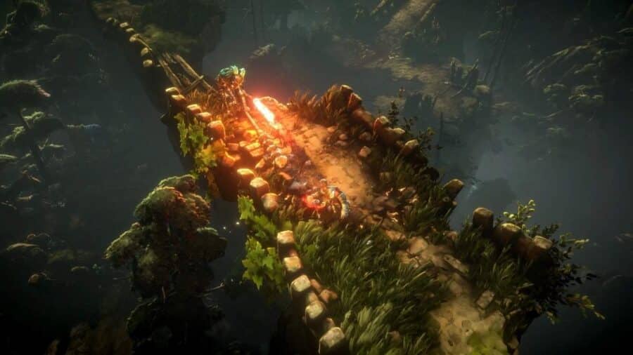 Scena di gameplay action vista dall’alto in No Rest for the Wicked, con personaggi che combattono su un ponte immerso nella vegetazione.