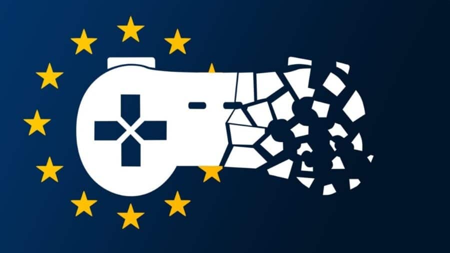 Illustrazione con una bandiera europea e un controller spezzato, simbolo della fragilità dei videogiochi legati ai server online.