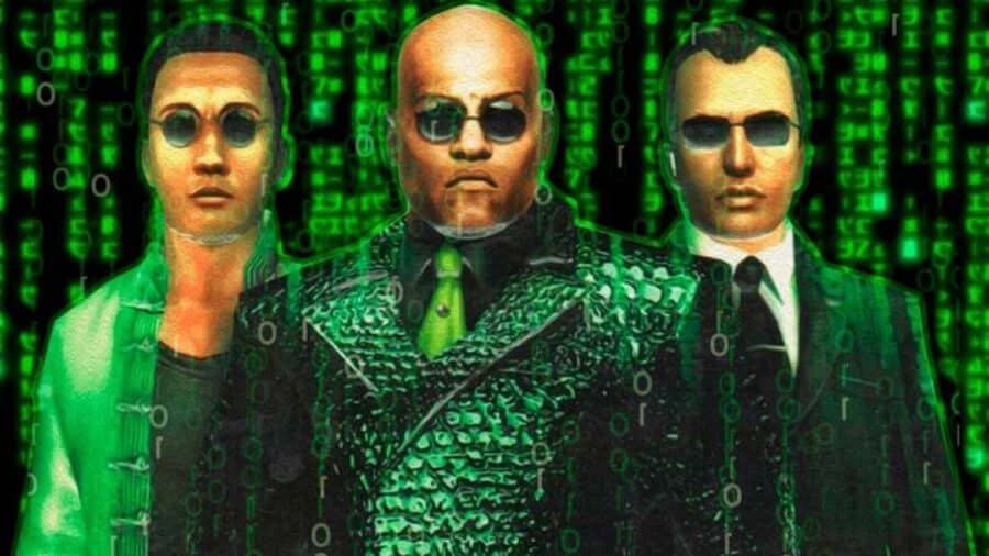 Neo, Morpheus e un Agente di Matrix davanti al codice verde digitale della Matrice.