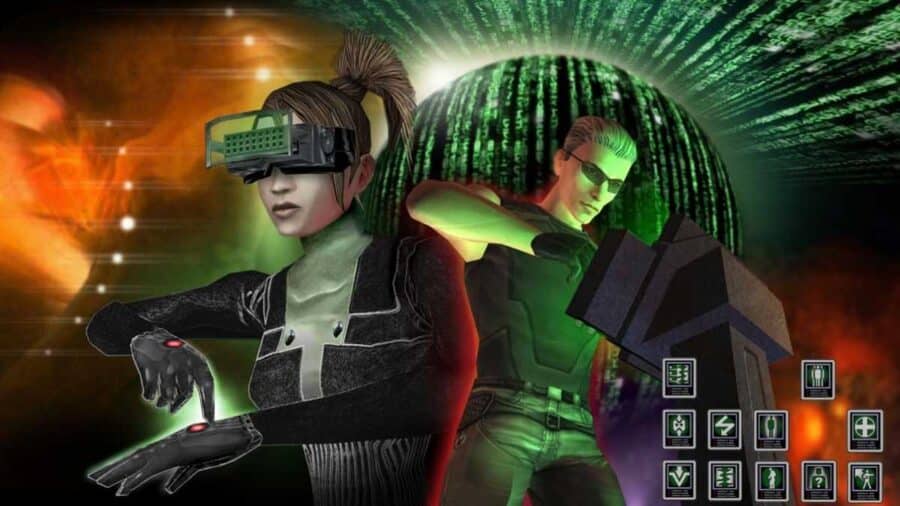 Due personaggi di The Matrix Online in posa davanti al codice verde della Matrice e a un’interfaccia di gioco.