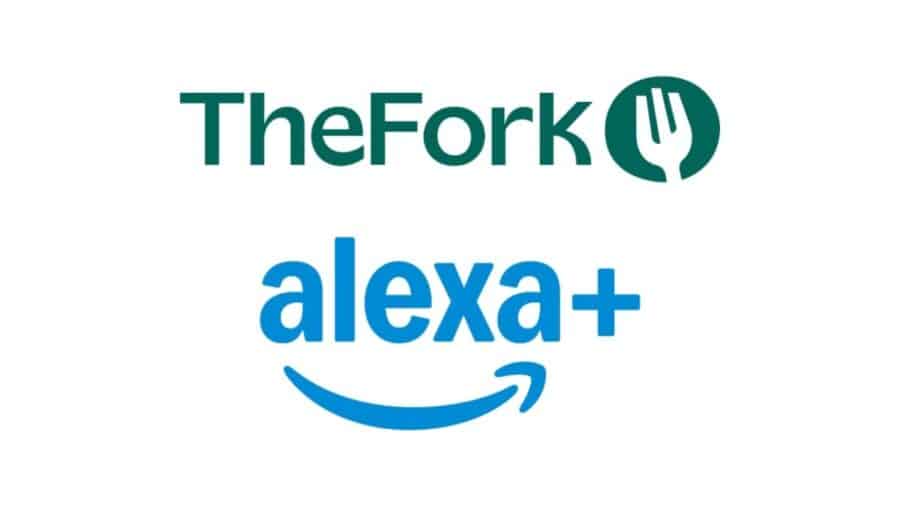 Logo TheFork sopra il logo Alexa+ di Amazon su sfondo bianco, a indicare l’integrazione tra i due servizi.