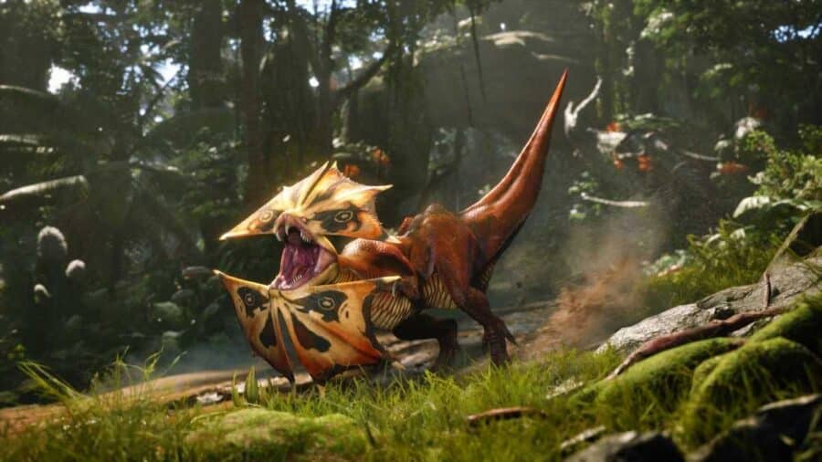 Dinosauro colorato ruggisce in una foresta di Turok Origins, con vegetazione rigogliosa e atmosfera preistorica.