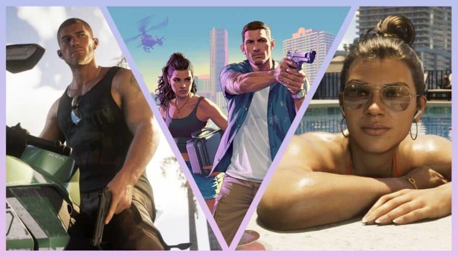 Collage promozionale di GTA 6 con tre personaggi principali tra scene realistiche e artwork in stile Vice City.